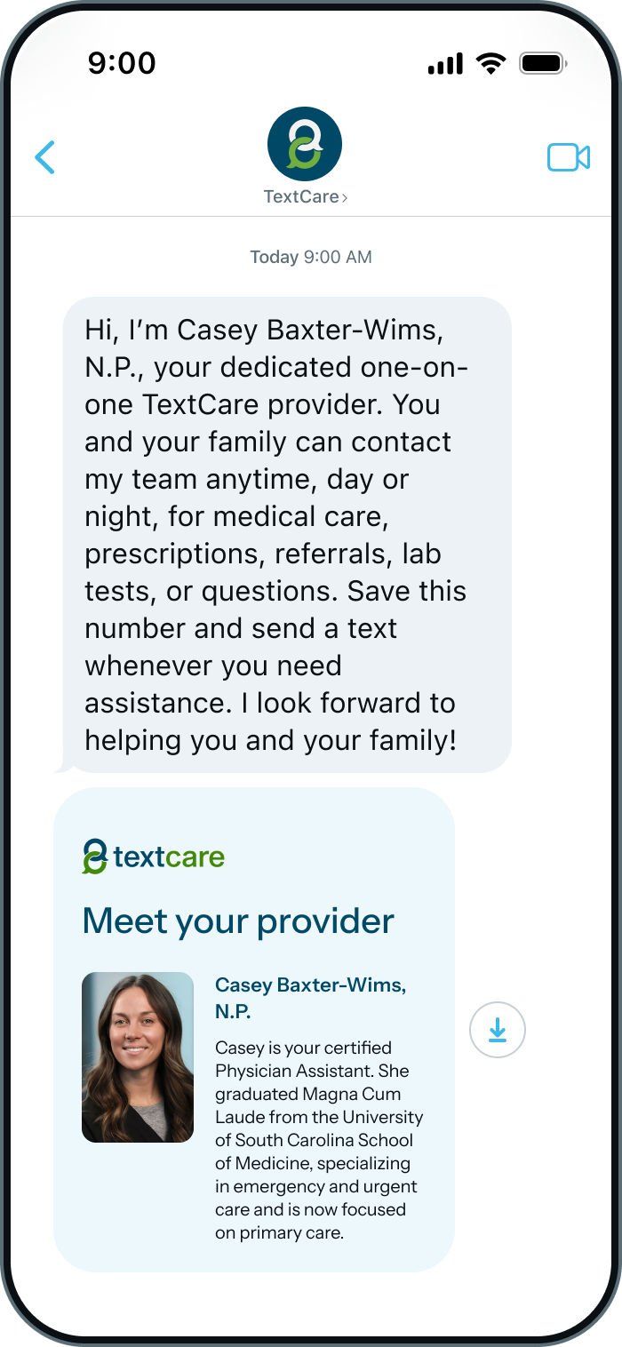 TextCare welcome message from provider Casey Baxter-Wims, N.P.