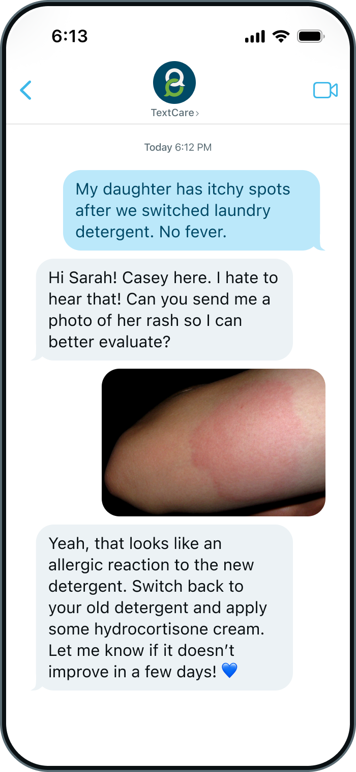 TextCare chat with rash photo and allergy advice for child