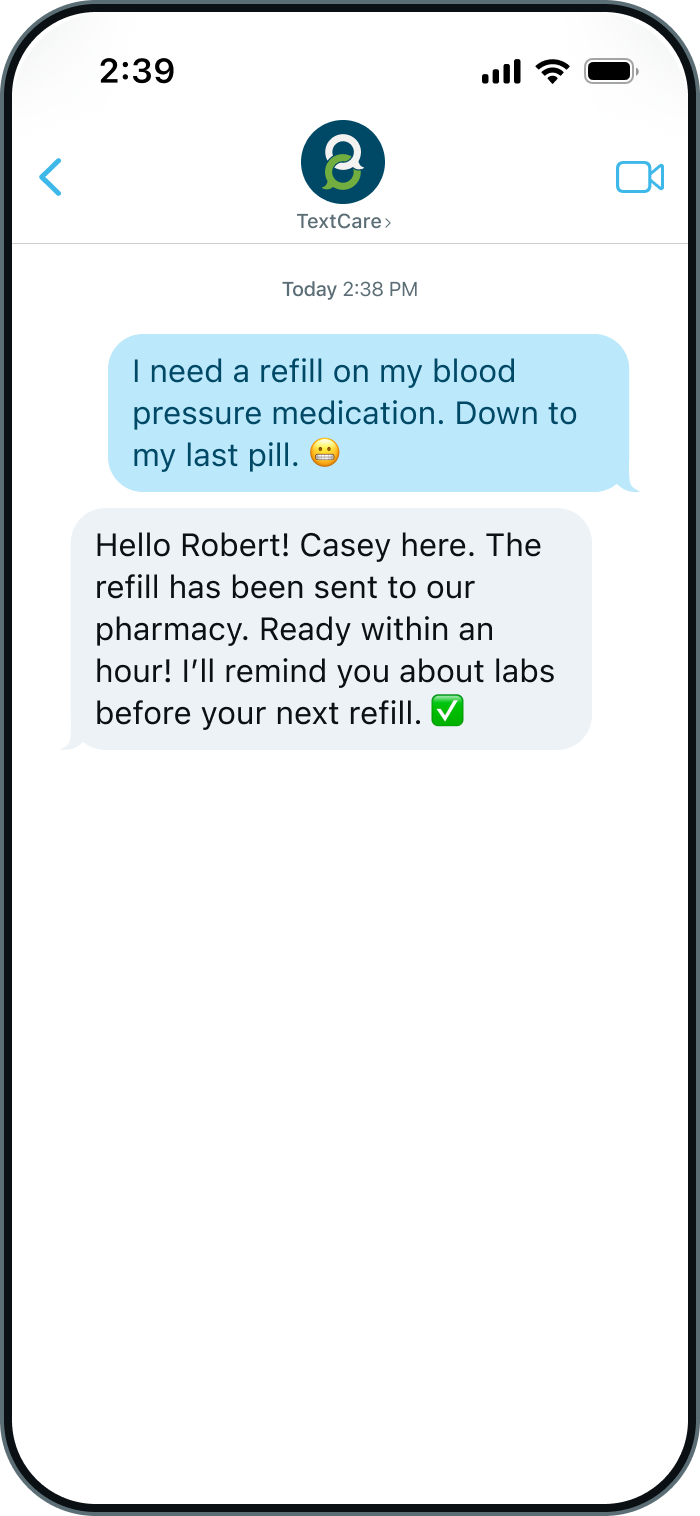 TextCare chat with nurse handling quick medication refill request