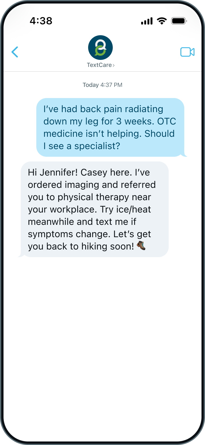 TextCare chat offering remote support and PT referral for back pain