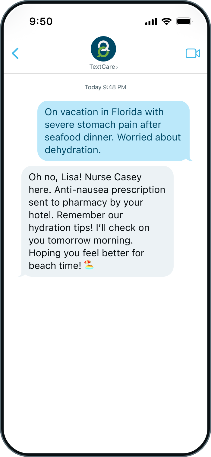 TextCare chat showing nurse providing care anywhere while patient travels