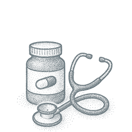 An illustration in a hand drawn style of a pill bottle and stethoscope