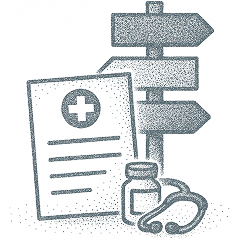 An illustration in a hand drawn style of a navigation sign post, medical document, pill bottle and stethoscope