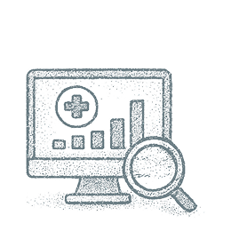 An illustration in a hand drawn style of a computer with a bar graph and a magnifying glass that represents patient data and personalized care.