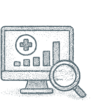 An illustration of a computer with a bar chart and magnifying glass