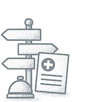 An illustration of a navigation sign, customer service bell, and medical document