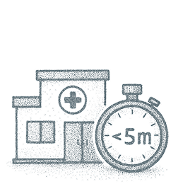 An illustration in a hand drawn style of a primary care clinic with a stop watch representing quick access time.